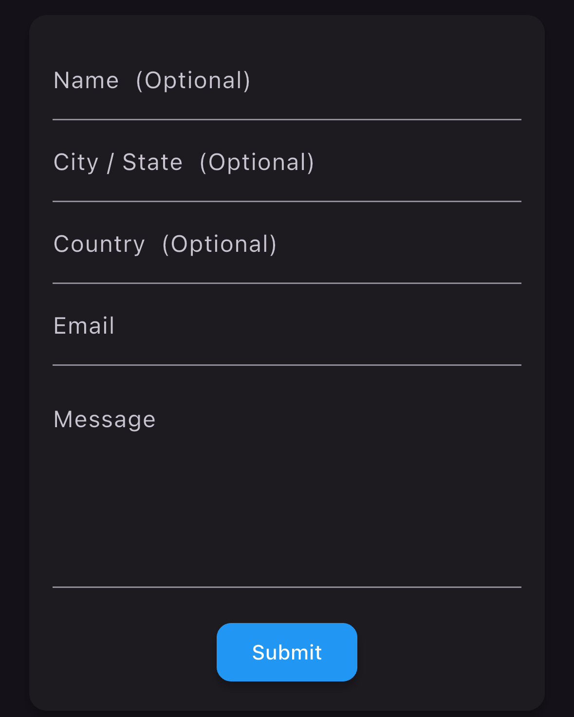 form fields presented to app user