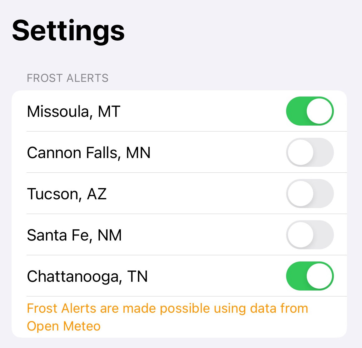 Frost alert menu in Orange Weather