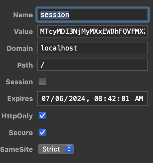 cookie with value and properties shown