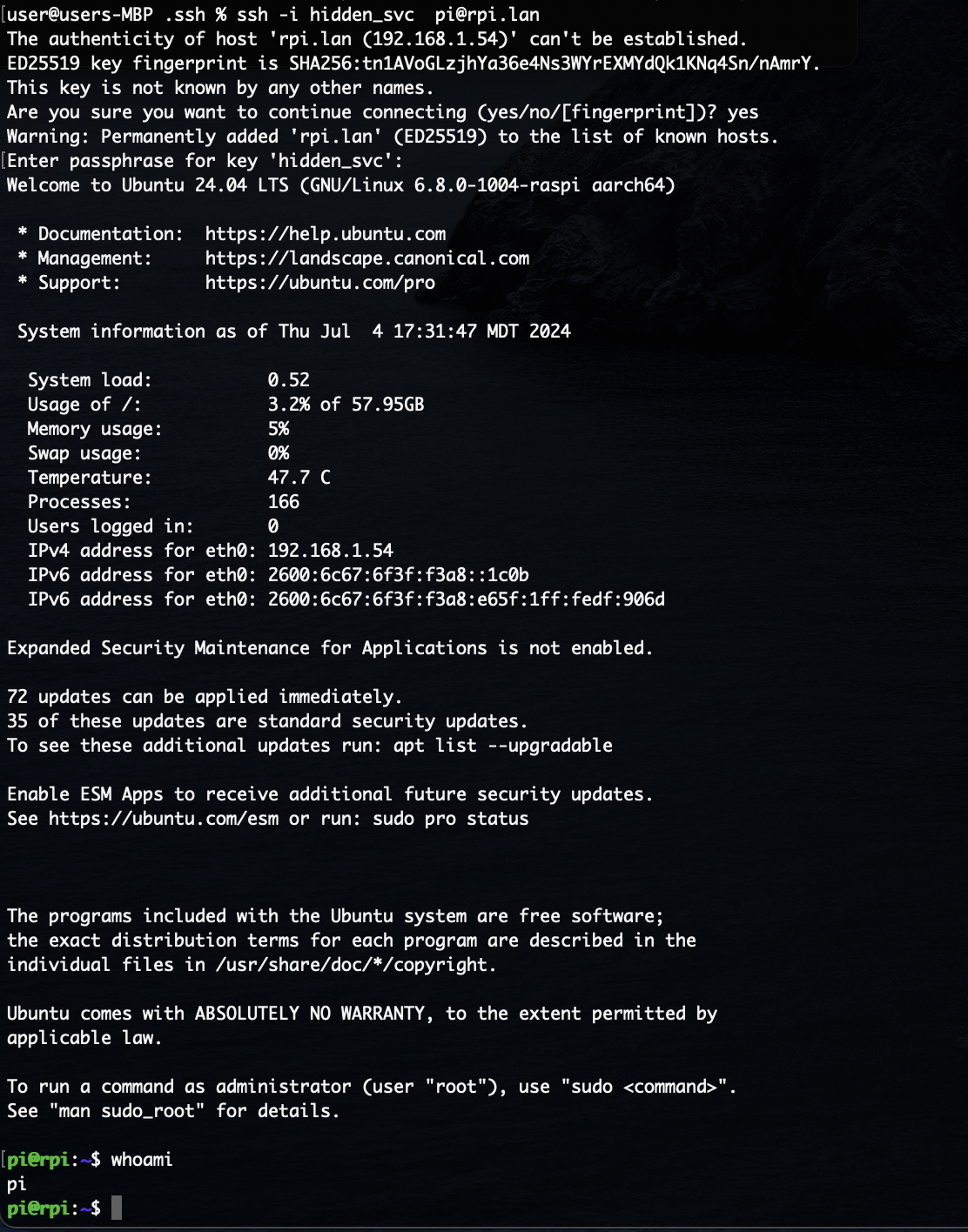 Screenshot of the first SSH access of the Pi