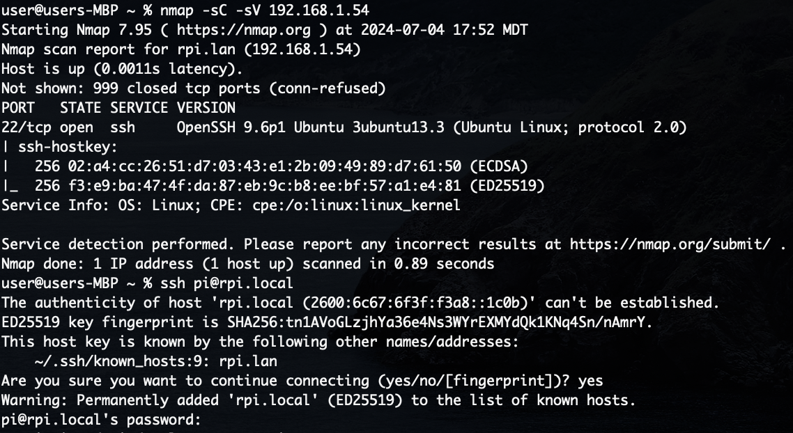 Screenshot of the first SSH access of the Pi