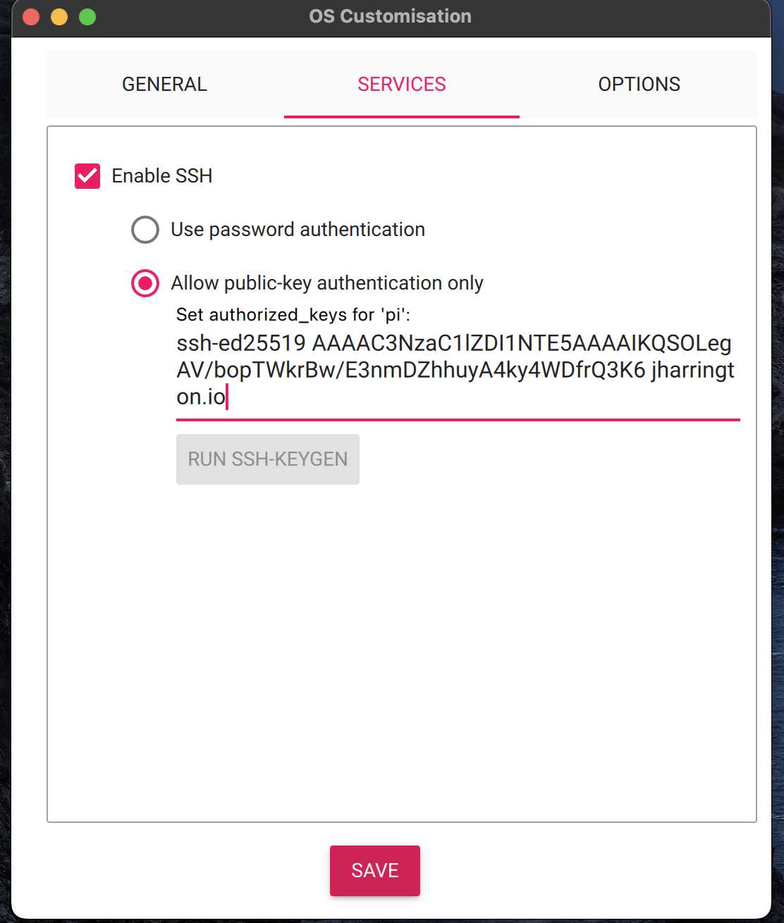 Screenshot of the public key entered during installation