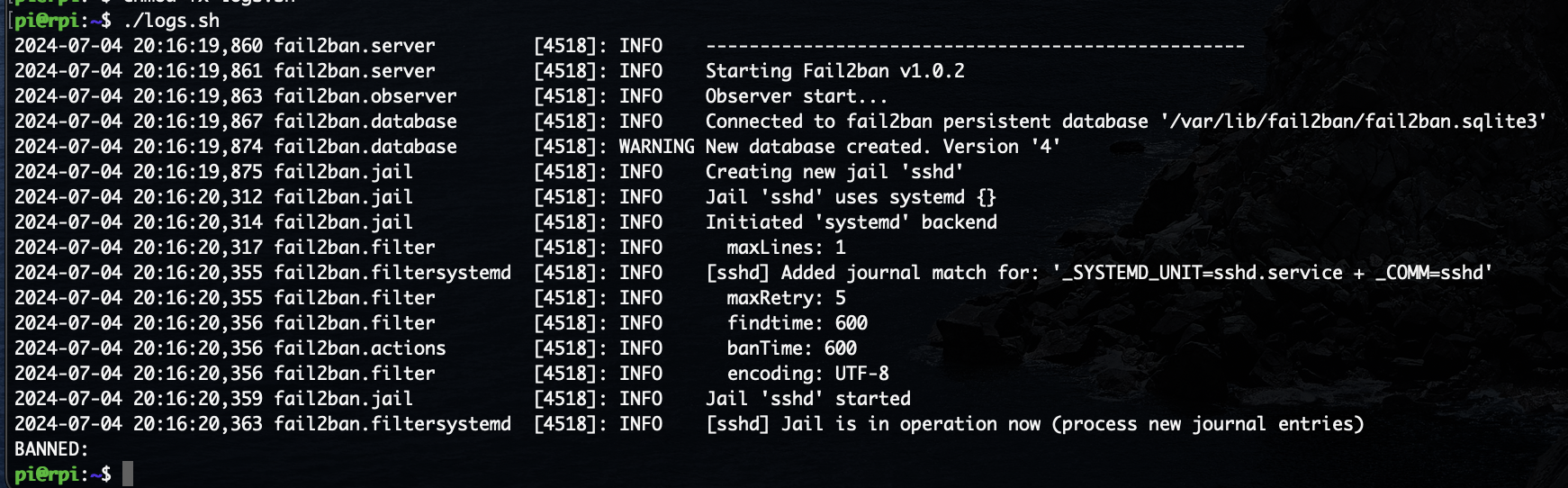 Screenshot of the first SSH access of the Pi