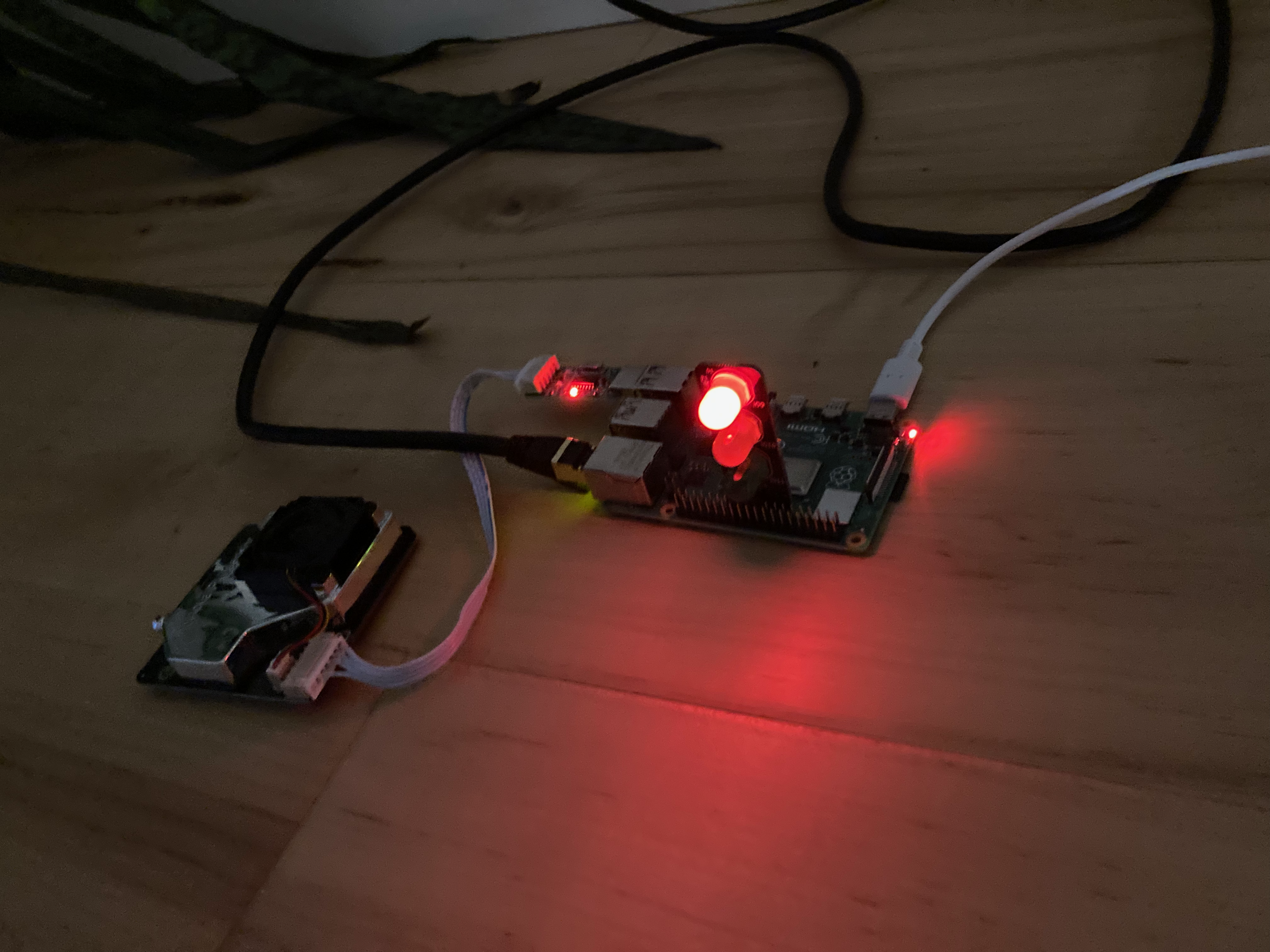 A photo showing the LED light strip with red light illuminated after an offensive air quality measurement