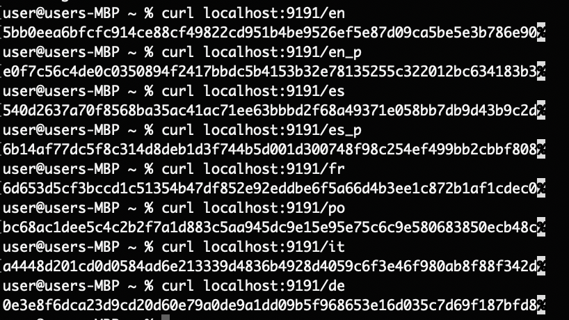 terminal output showing hashes provided by service