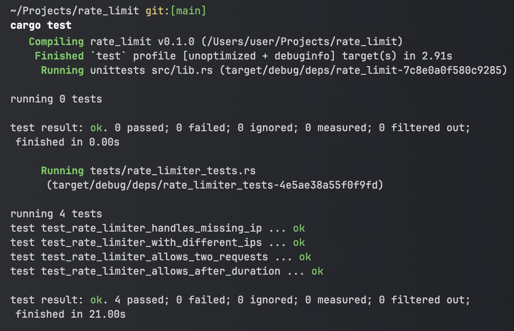 terminal output showing that tests passed