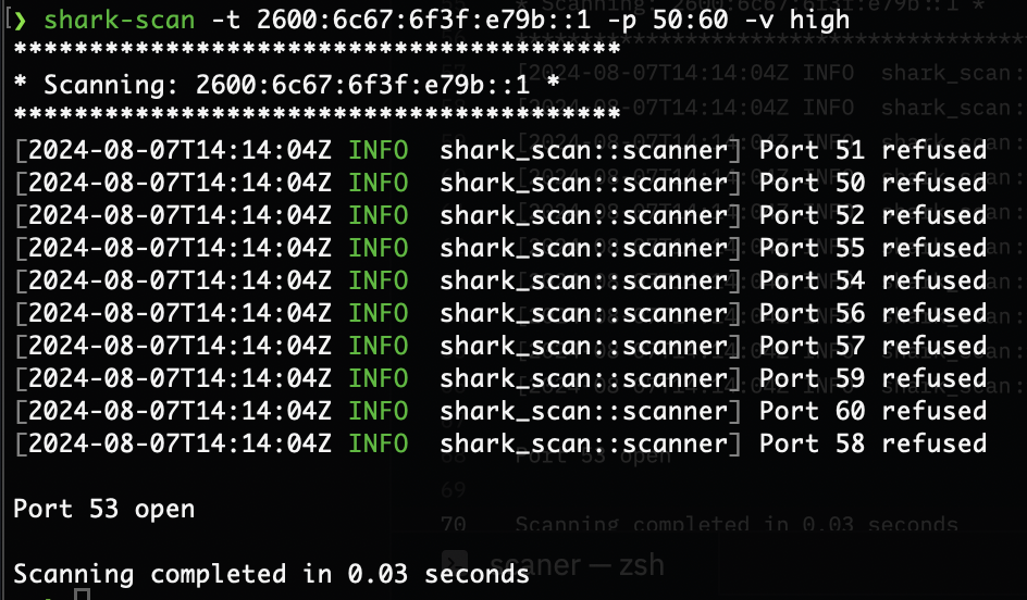 terminal output showing scan results with increased verbosity and the probe flag used